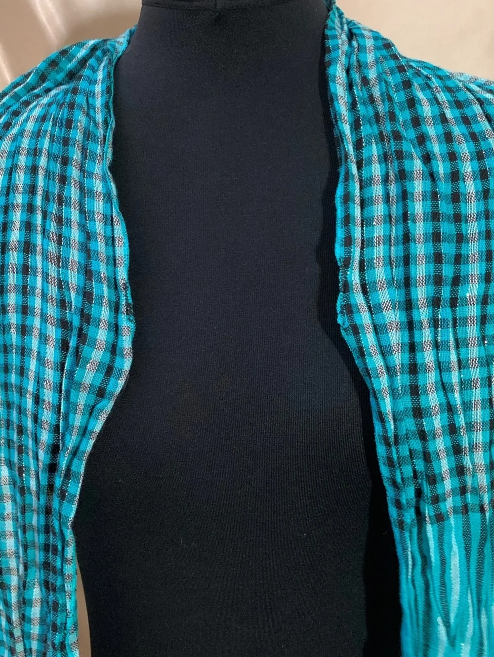 Teal Black Checkered Gingham Plaid Scarf Silver Metallic Stripe Fringe Emo